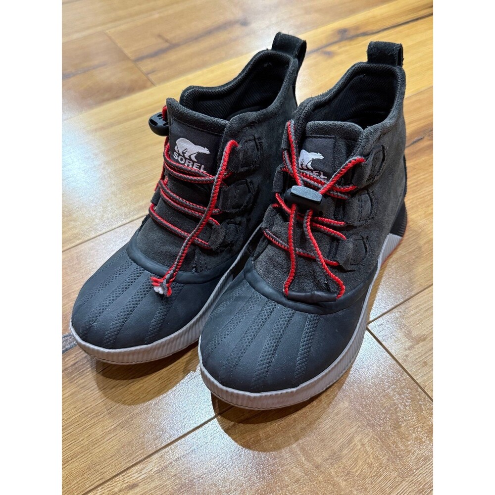 Sorel Out & About Waterproof Boots Gray Red Laces Size 3Y